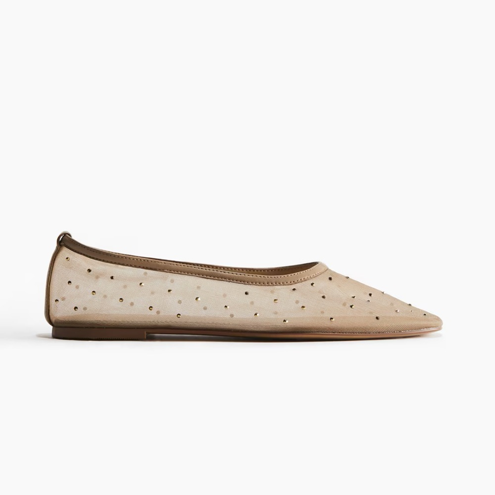 H&M Mesh Rhinestone Square-Toe Ballet Flats - Beige - Picture 2 of 5